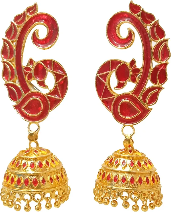 Assamese_Traditional_Copper_Gold_Plated_Red_Colour_Jhumka_Earring_For_Girls_&_Women